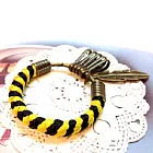 可拆式編織臘繩鐵環鑰匙圈(中)黃+黑+羽毛