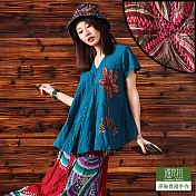 【潘克拉】一枝獨秀刷色繡花捲T(3色)-F　FREE湖藍