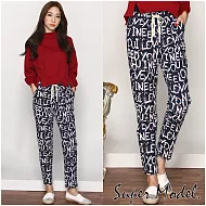 【名模衣櫃】綁帶印花休閒長褲-共3色(M-XL適穿)FREE個性英文