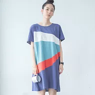 【NUMI】森-四色拼接短袖棉麻連衣裙-共2色(L-2XL可選)L藍色