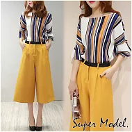 【名模衣櫃】條紋喇叭袖上衣&闊腿褲套裝(M-XL適穿)F條紋衣+黃色褲