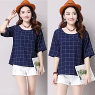 【NUMI】森-棉麻透氣格子文藝圓領短袖T(M-2XL可選)L藏青色