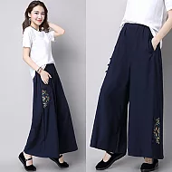 【NUMI】森-棉麻寬鬆刺繡休閒鬆緊闊腿褲-共2色(M-XL可選)L藏青色