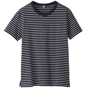 [MUJI 無印良品]女有機落棉短袖橫紋T恤S藍×白
