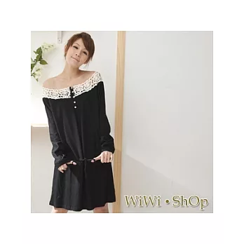 [WiWiShOp]露肩牡丹織花洞洞排釦腰鬆緊帶連身裙~黑色