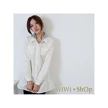 [WiWiShOp]可拆式連帽款胸前雙口袋抓縐長版襯衫~白色
