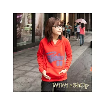 [WiWiShOp]運動暖款．運動風數字08中口袋內刷毛連帽T~大紅