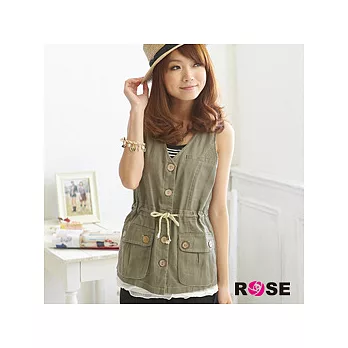 ROSE。渡假風味綁繩V領圓釦背心裙