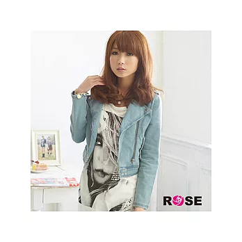 ROSE。個性騎士風卯釘點綴水洗丹寧短版外套