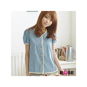ROSE。無印日系勾花邊公主袖素面上衣-淺藍系