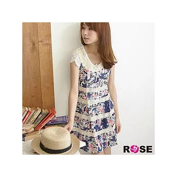 ROSE。綻藍花卉手工蕾 絲印花洋裝上衣