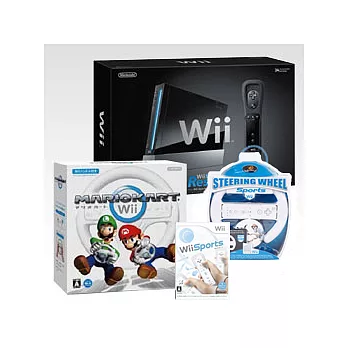 WII 黑色渡假勝地同捆主機(公司貨)+瑪莉歐賽車同捆(公司貨)+副廠吸盤式方向盤+WII運動(中文)