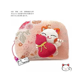 【和風招財貓】日本˙福氣八寶貓咪鈴鐺化妝包-蜜桃桔