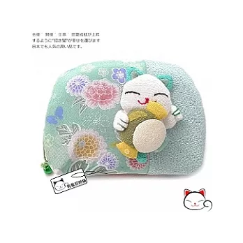 【和風招財貓】日本˙福氣八寶貓咪鈴鐺化妝包-水藍