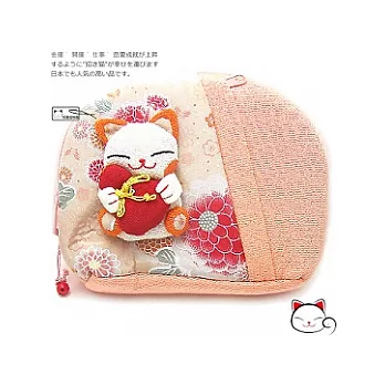 【和風招財貓】日本˙吉祥貓咪雙拉鍊化妝包-蜜桃桔