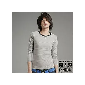 【男人幫】T5500＊【百搭細條紋圓領長袖T恤】灰白色