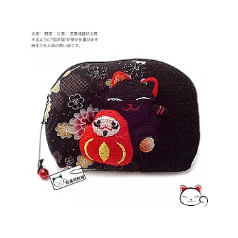 【和風招財貓】日本˙福氣八寶貓咪鈴鐺化妝包-雅織黑