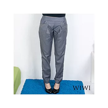 【WIWI】閃亮貼片皺褶側口袋腰鬆緊打摺長褲(灰色M)
