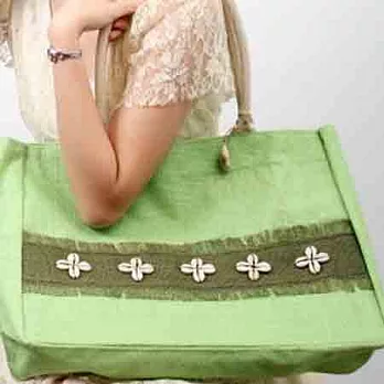 【KK Jute Bag 潮麻包】貝殼花海洋風-肩背手提二用包/粉綠粉綠色