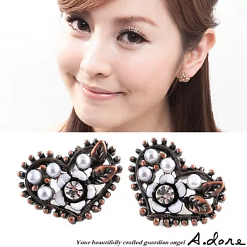 【A.dore】拜占庭愛心˙雕花水晶珍珠耳環-古銅白˙耳針式