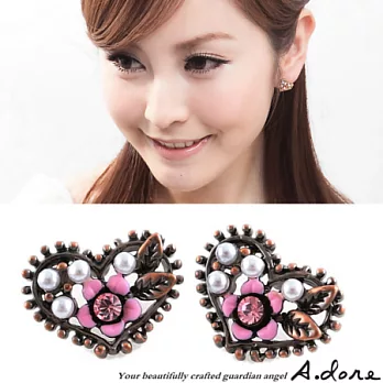 【A.dore】拜占庭愛心˙雕花水晶珍珠耳環-古銅粉紅˙耳針式