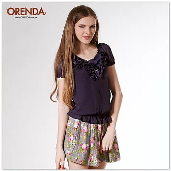 ORENDA 夏日甜心雪紡荷葉上衣S丈青色