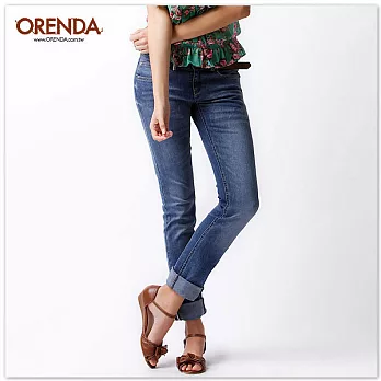ORENDA 低腰刷白反摺窄管牛仔褲S藍色