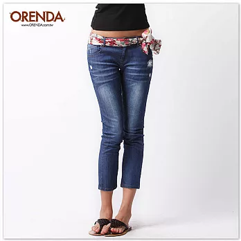 ORENDA 低腰破損感刷白牛仔九分褲S藍色