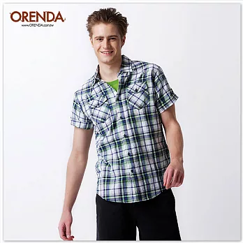 ORENDA 休閒印象格紋反摺襯衫S綠藍格