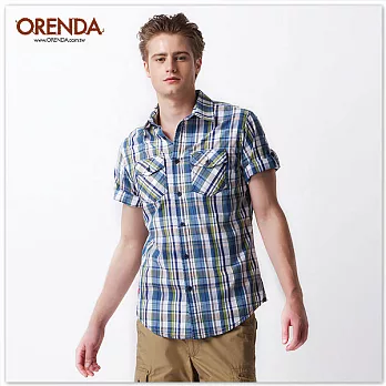 ORENDA 鮮豔格紋雙口袋反摺襯衫S藍綠格
