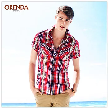 ORENDA 鮮豔格紋雙口袋反摺襯衫S紅格
