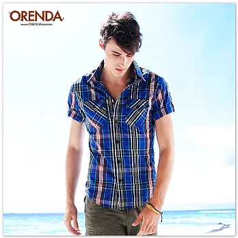 ORENDA 鮮豔格紋雙口袋反摺襯衫S藍格