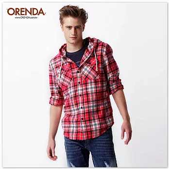 ORENDA 街頭休閒風格紋連帽連帽衫S紅格