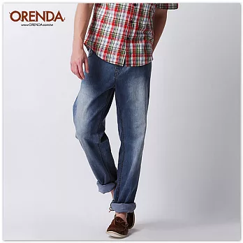 ORENDA 舒適休閒刷白牛仔寬版褲28深藍色