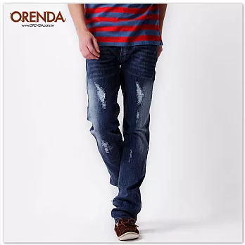 ORENDA 低腰破洞刷白牛仔直筒長褲28藍色