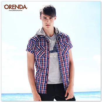 ORENDA 格紋休閒連帽襯衫S紅藍格