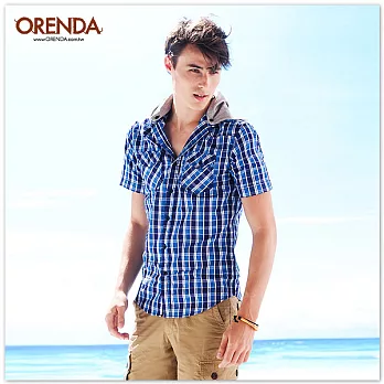 ORENDA 格紋休閒連帽襯衫S寶藍格