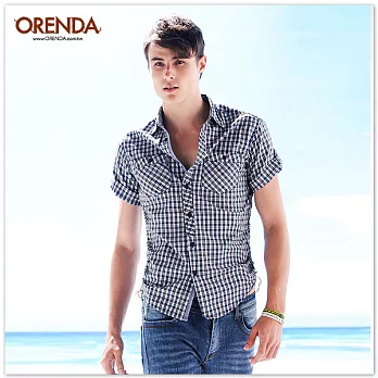 ORENDA 隨性抽繩格紋襯衫-男S藍綠格紋