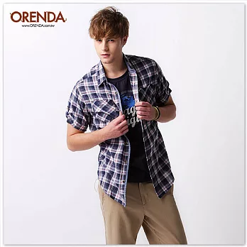 ORENDA 個性反摺格紋襯衫-男S灰橘格紋