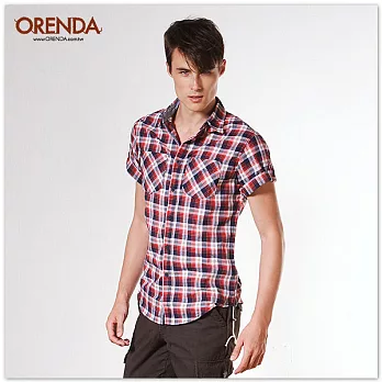 ORENDA 個性反摺格紋襯衫-男S綠橘格紋