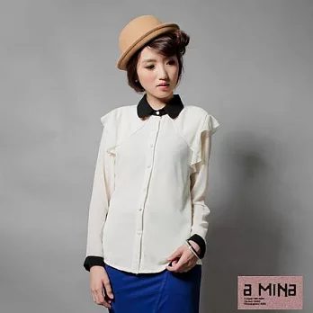 【a mina愛‧米娜】配色領袖滾邊雪紡上衣(共2色)FREE白