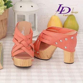 【LD image】甜誘風情-三層交錯纏繞˙木紋鉚釘˙復古高跟涼鞋_38靚艷橘