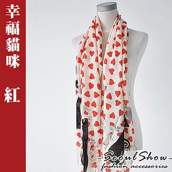 【Seoul Show】韓版高質感 　羊毛流蘇圍巾/披肩 – 幸福貓咪(紅色)