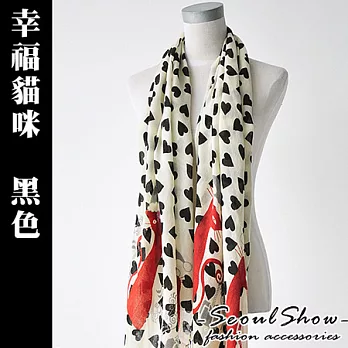 【Seoul Show】韓版高質感 　羊毛流蘇圍巾/披肩 – 幸福貓咪（黑色）