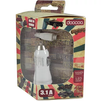 doocoo 3.1A 雙輸出 micro USB 車用充電組白色
