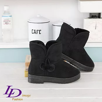 【LD image】叛逆櫻桃-2way獨特翻折開口˙可愛小毛球˙低筒平底雪靴-時尚黑39時尚黑