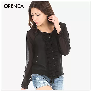 ORENDA 花朵珠繡雪紡上衣L黑