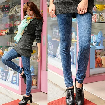 【Lady c.c.】韓版仿牛仔雪花印樣刷絨內搭褲(藍)