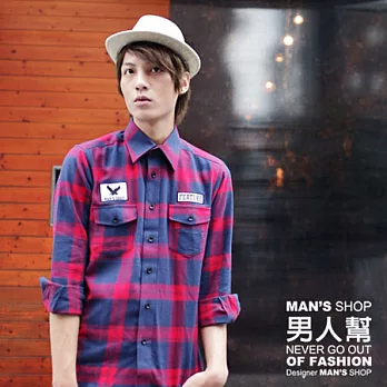 【男人幫 Man’s Shop】S5164＊【法絨蘭軍裝式格紋長袖襯衫】3XL紅色