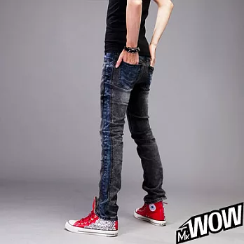 Mr.WOW英倫撞色合身直筒牛仔褲32灰色